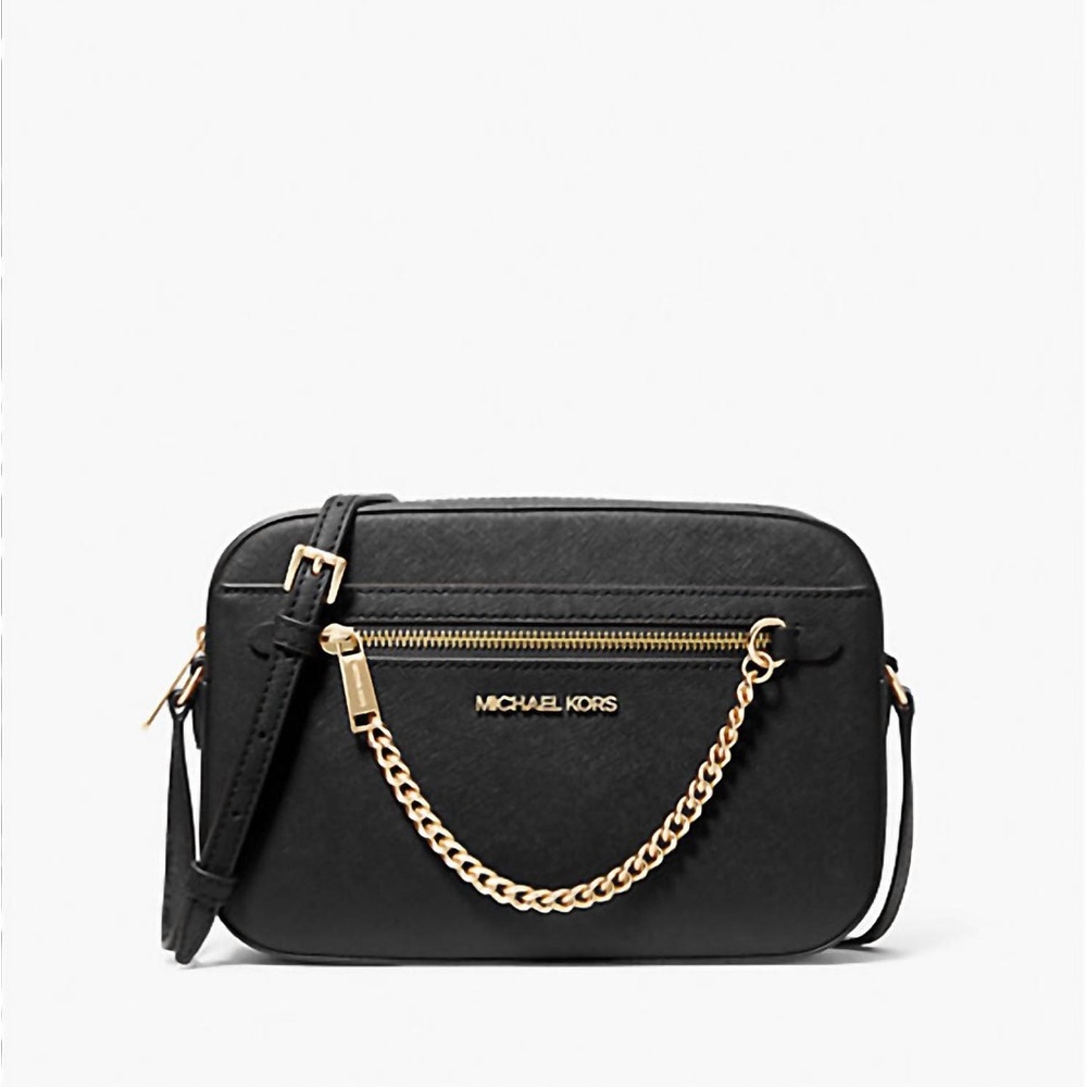 Michael Kors Jet Set Large Saffiano Leather Crossbody Bag Black Gold Chain NWT - Picture 3 of 9